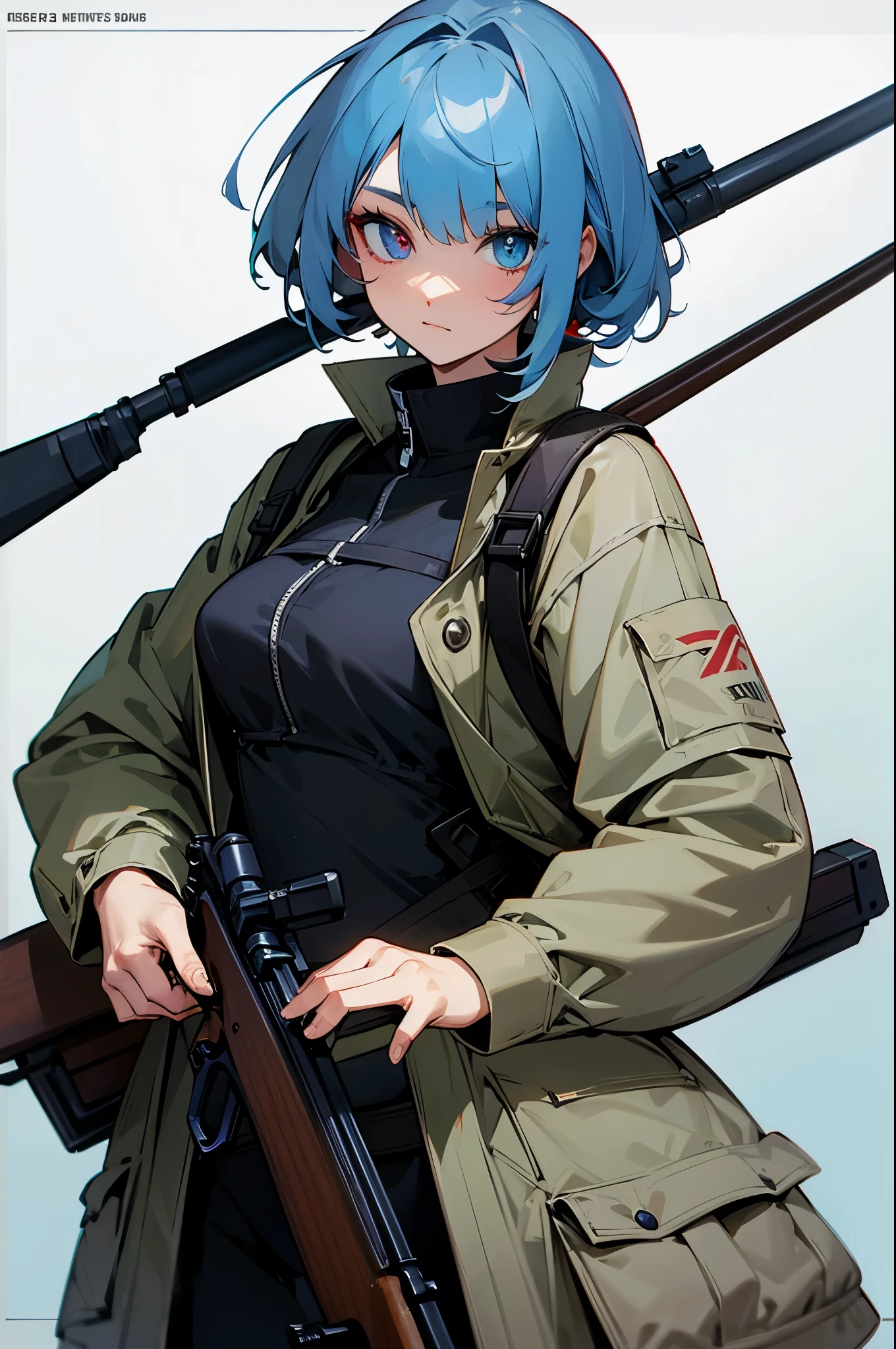 holding a long bolt action rifle over her shoulder, heterochromia, 1eye (blue), 2eye (red)