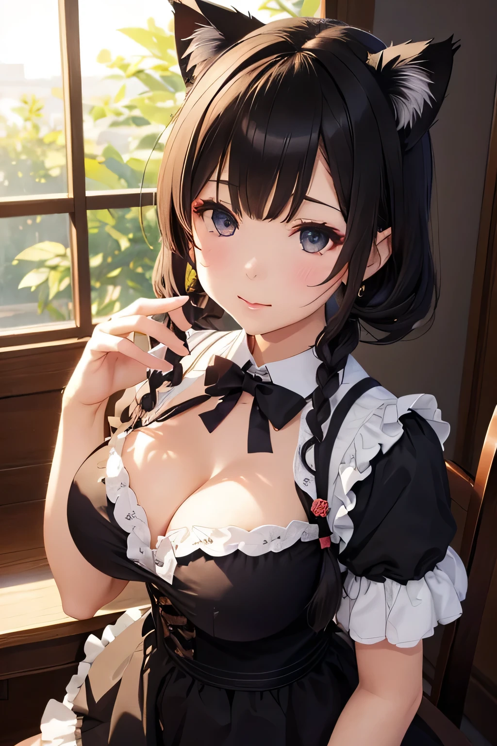 Highest quality、High resolution、Detailed Background、(Beautiful face in every detail:1.4)、Anatomically correct、(Detailed eyes:1.2)、Teenage Girl、Highly detailed face、cute hair color、Braided bob cut、Braided Ponytail、Braided twin tails、(Huge breasts:1.2)、Perfect body line、Accentuate your breasts、Accentuate your cleavage、Cute gestures、Cat ear、Cat Eyes、(cute cat paw pose:1.2)、kitten、
Dresses and skirts with frills and lace、Dark colors such as black and red、Add lace to the sleeves, hem of the skirt, neckline, etc.、Lace gloves and ribbons、Crown-shaped headdress、Cross Accessories、Black lace socks or fishnet tights、
Choose boots with lace or ribbon decorations or thick soles.、(A girl with cat ears and a kitten looking at me with big smiles:1.5)、cute
