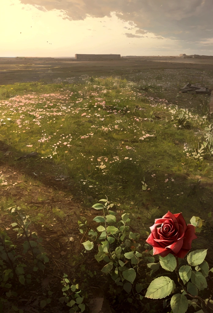 a devastated landscape, where only a rose remained alive, a small clearing stood out with its green lawn intact. ao redor, the rubble of an ancient abandoned city contrasted with the serenity and fragility of the only flower that still survived, its vibrant petals amid the desolate landscape of ruins and disorder. The setting sun cast a soft light on the scene., magnifying the lonely beauty of that lonely rose