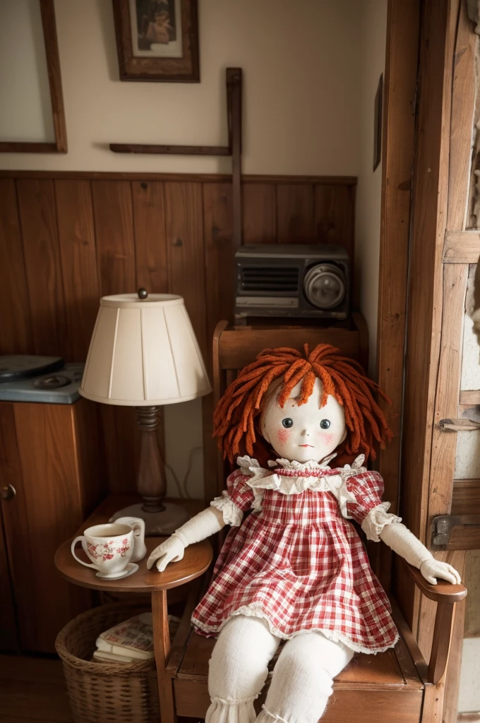 A Raggedy Ann doll in a warm, homely environment, with vintage details from the 70s.
