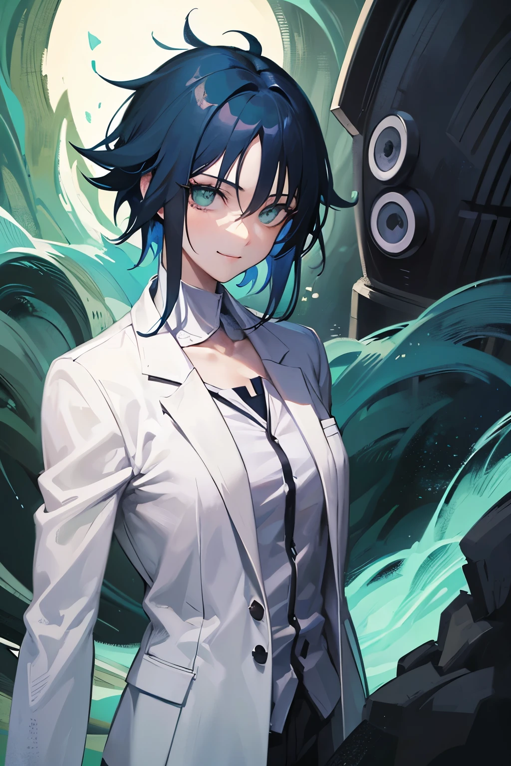 masterpiece, Highest quality, ((1 person)),Blue Hair,Green Eyes,Serious expression, smile,Upper Body,Line art,Medium Hair,White blazer,Black T-shirt,Expressionless eyes,((Kubo Obito Style))