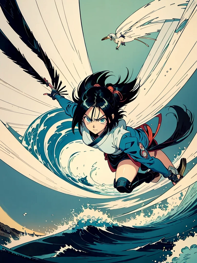 battle angel alita is flying alone with her big black wings in a painting by katsushika hokusai