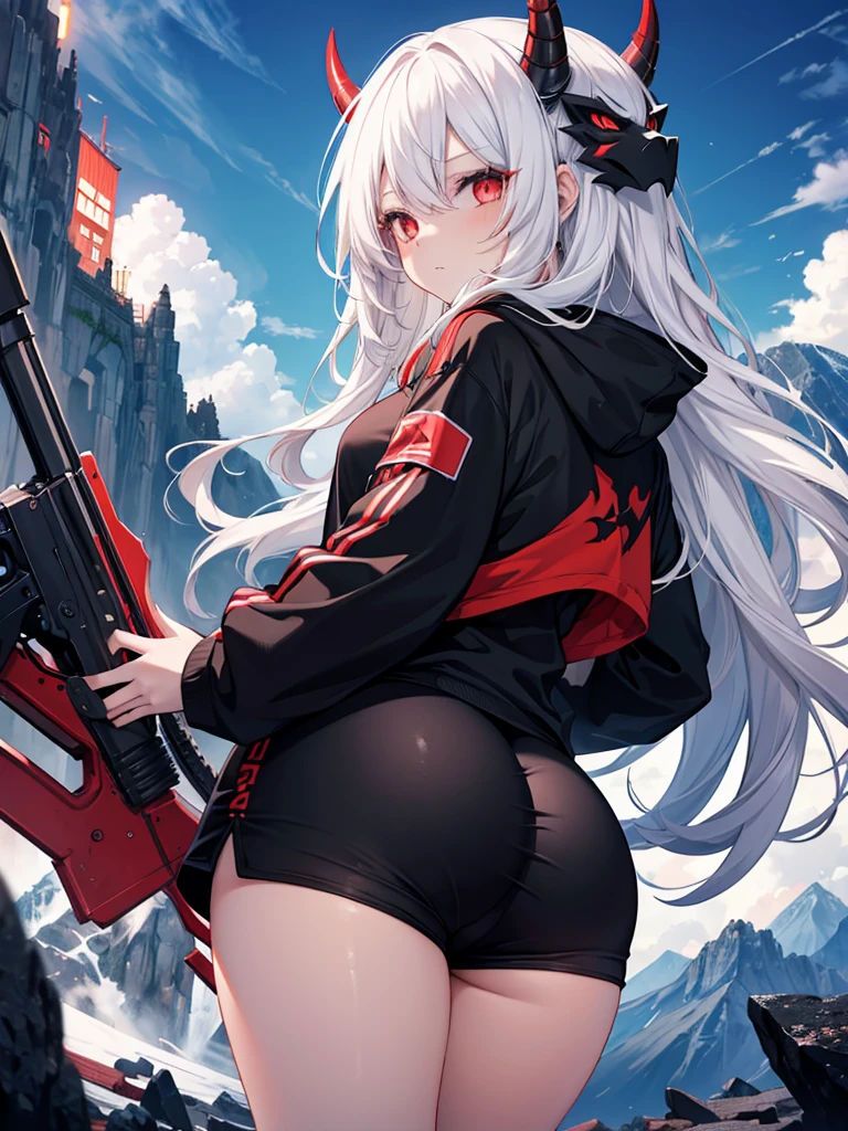 Girl , tall,long white hair , red eyes ,Big , thunder thighs, big ass, black shorts ,black demon hoodie , Oni mask , mountain backround , looking to viewer