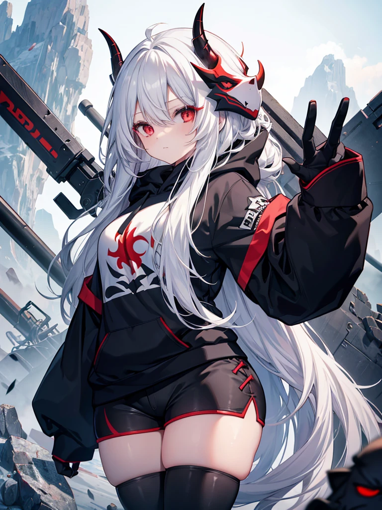 Girl , tall,long white hair , red eyes ,Big , thunder thighs, big ass, black shorts ,black demon hoodie , Oni mask  , mountain  backround , looking to viewer 