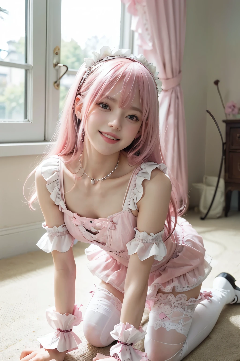 ((top-quality)), ((​masterpiece)), ((ultra-detailliert)), (extremely delicate and beautiful), peach pink hair, long straight hair, golden eyes, cute woman, wearing pink lolita dress, lolita dress with lace, cute smile, pink sash bows, tea party background,holding panties,presenting panties,Girl relaxing on pink sofa,A girl is laughing,Discarded underwear,A girl is smile,(a messy room full of piles of clothes and trash), detailed, photorealistic, 8k, hyperrealistic, extremely detailed, high quality,moody atmospherecomposition, dramatic angles, volumetric lighting, realistic textures, 4K, highly detailed, masterpiece