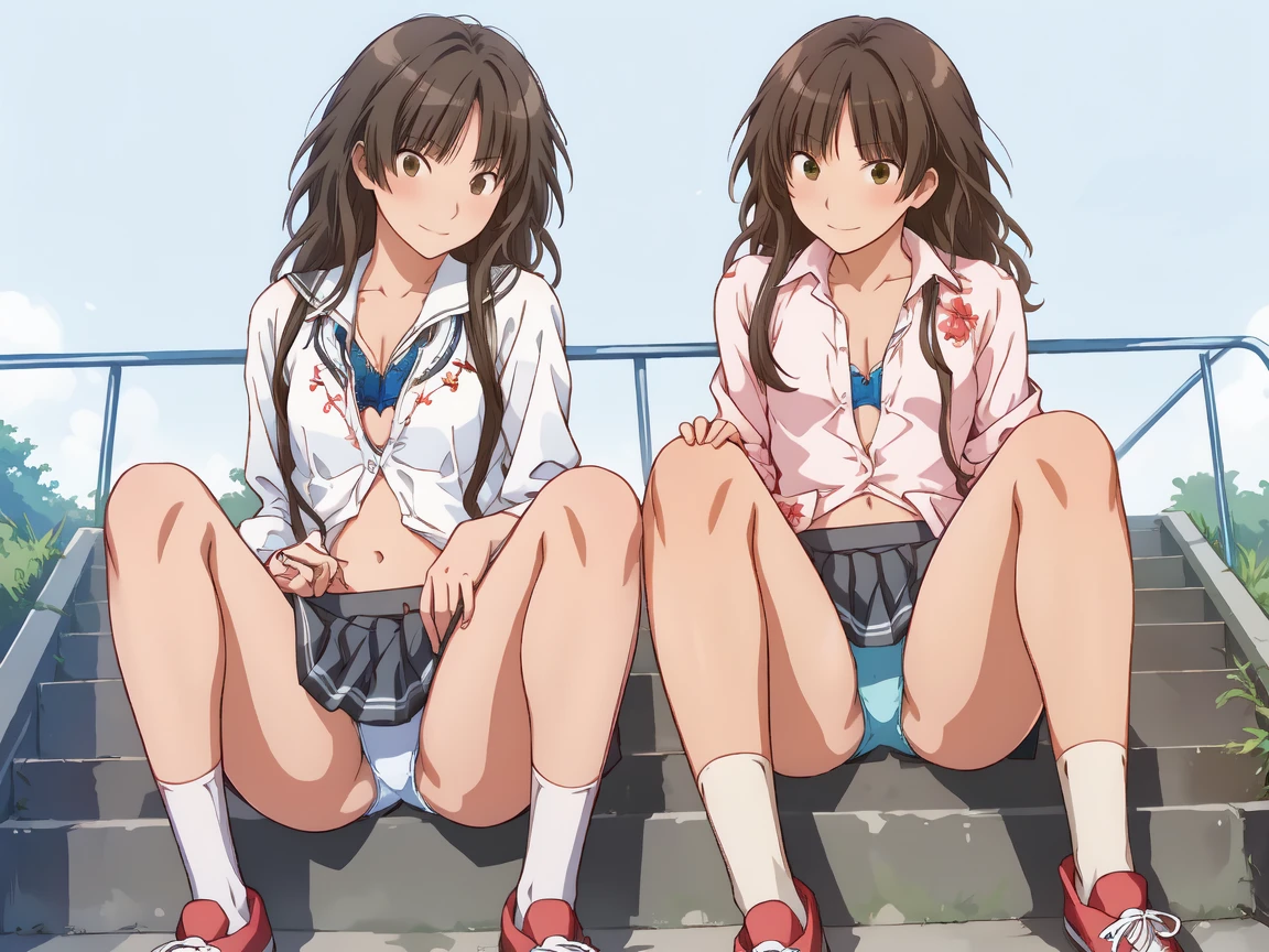 Highest quality, Ultra-high resolution, (Realistic: )2D official style cel animation,((Two Amagami Girls sitting side by side))Schoolgirl uniform,Summer clothes,Tight Skirt,mini skirt,Straight hair,head band(Embroidered panties,Embroidered bra)((Nipples))((loose socks))sneakers,Full body portrait,(From below),Station stairs,sunny,Quite embarrassing,blush,Unbutton your shirt