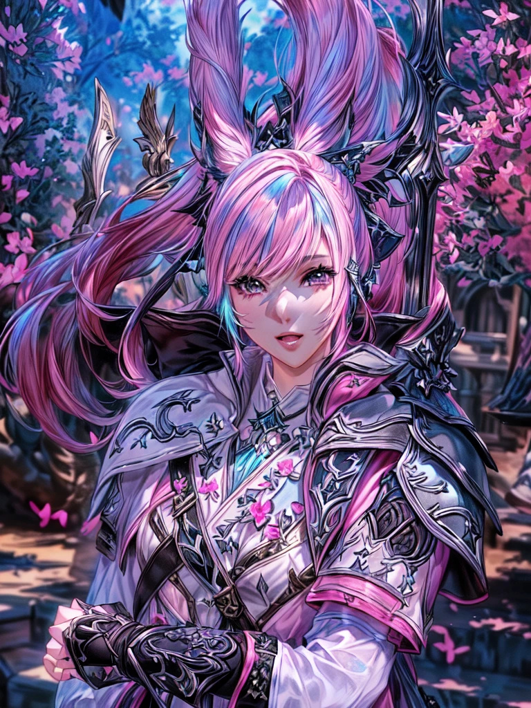 Closeup of a costumed person with pink hair, final fantasy style 14, Final Fantasy 1 4, Final Fantasy 1 4 screenshot, ffxiv cielo, Final Fantasy XIV, ffxiv, final fantasy 14 sharp, thinning pink hair, Pink hair and cyan eyes., character close up, character closeup, female character