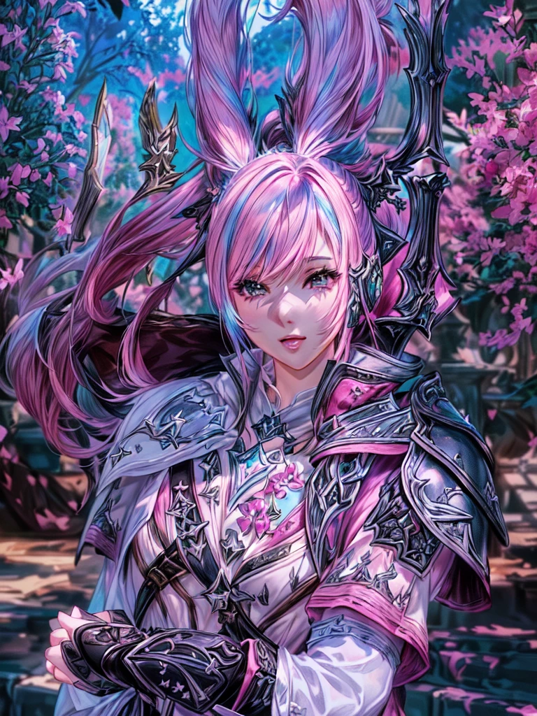 Closeup of a costumed person with pink hair, final fantasy style 14, Final Fantasy 1 4, Final Fantasy 1 4 screenshot, ffxiv cielo, Final Fantasy XIV, ffxiv, final fantasy 14 sharp, thinning pink hair, Pink hair and cyan eyes., character close up, character closeup, female character