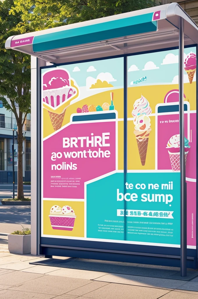 Generate an image of a bus stop. At the whereabouts, there are several advertising posters. The posters have an ice cream theme and announce a contest. Posters must be pastel colored, with images of ice creams of different flavors and styles. In the text of the posters, the contest and how to participate in it must be mentioned.