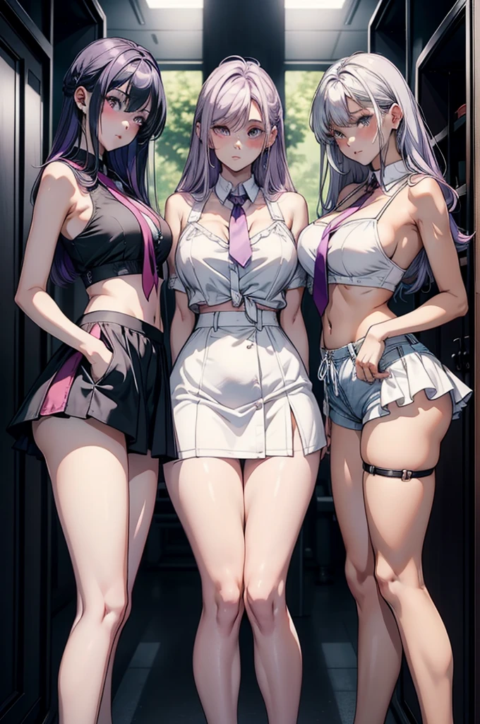 beautiful body, pretty face, 3 girls together, older girl, light purple hair, Eyes, Neck strap, shoulders, White shirt with tie, Short skirt, half pants, big breasted, stomach, small waist, thick legs, thick thighs, random background scenario, looking at the viewer