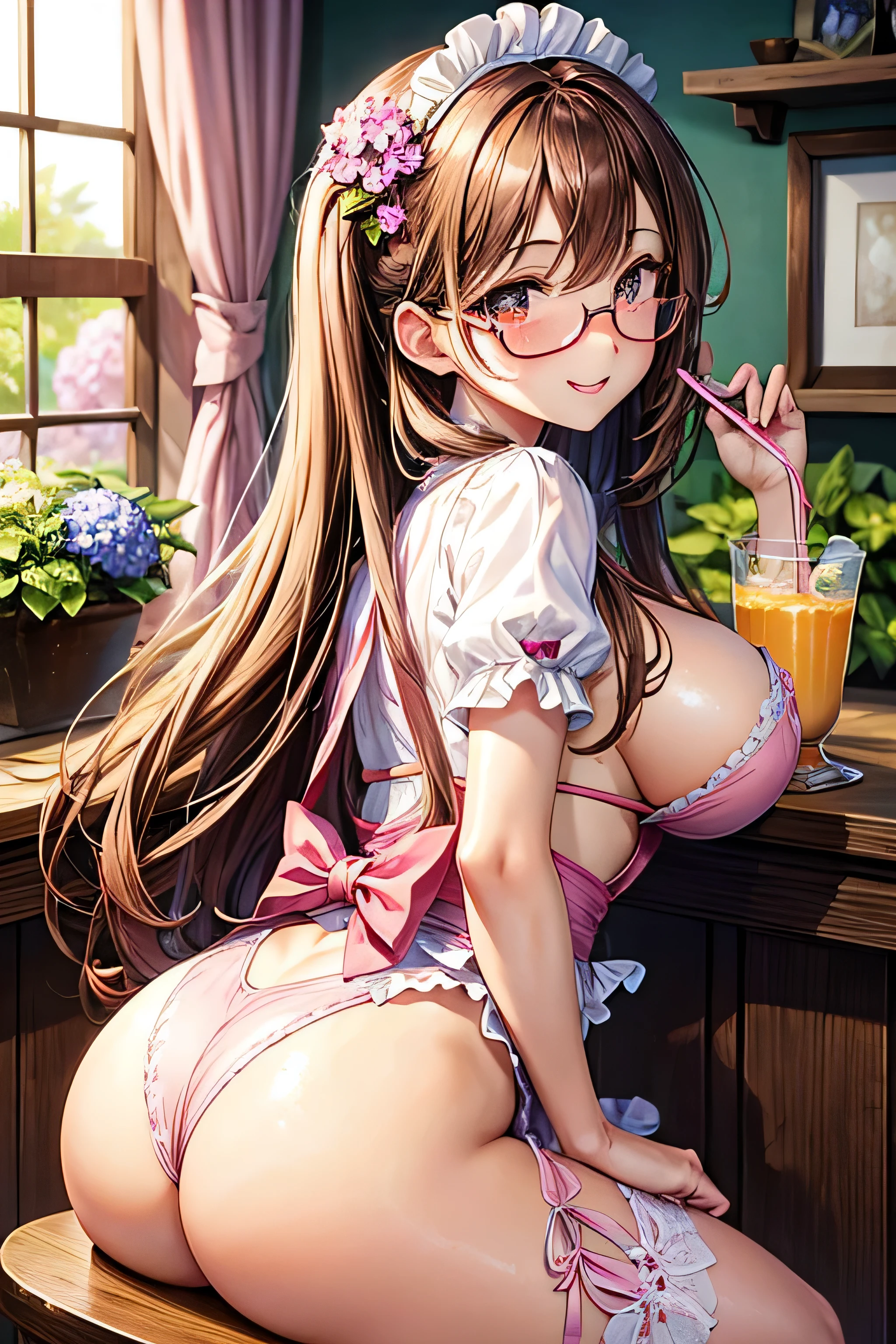 High resolution, high quality, One girl, Anime Girls, Brown long hair, Brown eyes, Pink Glasses,heart shaped pupils,Sunburned skin, Super big breasts,beautiful breasts,pointy breasts,(Big Ass),pink waitress,Soft cream,Shortcake,pancake,parfait,Pudding,Banana smoothie,orange juice,Mango juice,Sit on a chair,smile,at flower garden,morning glory,hydrangea,