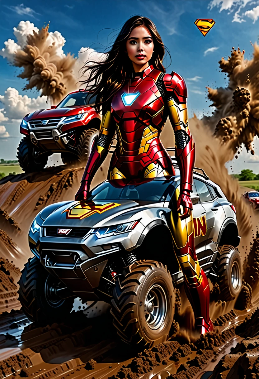 4k, realistic, carismatic, very detail, there is a girl on top sky, wearing iron man costum, she is a iron man, super hero theme, black long hair, 25 years old, full body superman  mud  OFFROAD  car cartoon