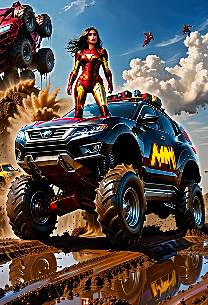 4k, realistic, carismatic, very detail, there is a girl on top sky, wearing iron man costum, she is a iron man, super hero theme, black long hair, 25 years old, full body superman mud OFFROAD car cartoon