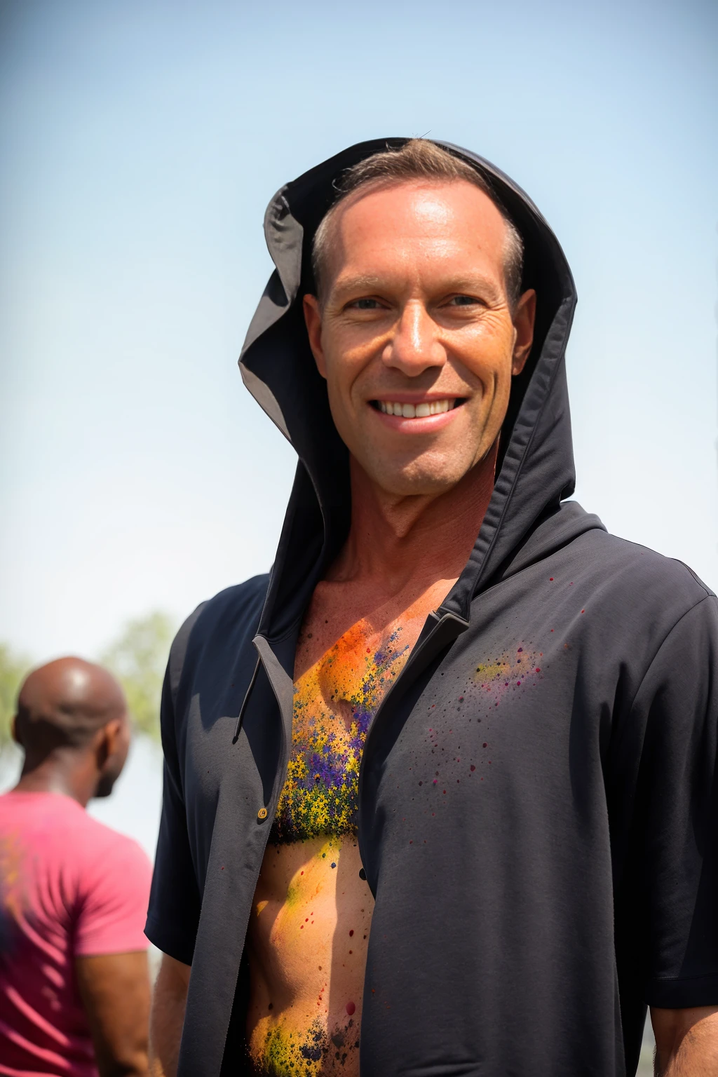 man (Todder9), wearing hoodie, looking at viewer, holi color festival, portrait, hyper detailed POV, by lee jeffries, nikon d850, film stock photograph ,4 kodak portra 400 ,camera f1.6 lens ,hyper realistic ,lifelike texture, dramatic lighting , cinestill 800