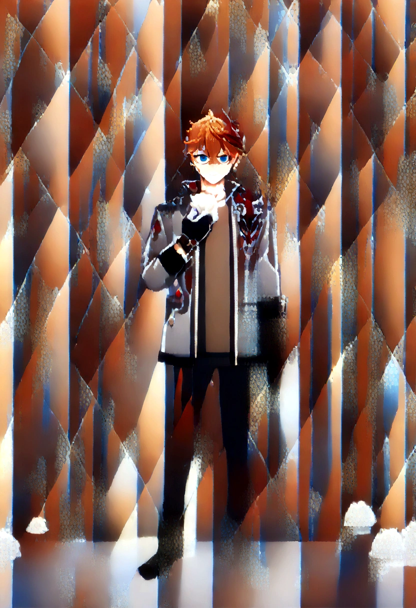 work of art, best qualityer, tartaglia (impacto genshin), mitts, mask, male focus, ung boy, blue colored eyes, black mitts, standing alone, hair orange, bangss, water, jaket, hair between the eyes, jewerly, tissue,