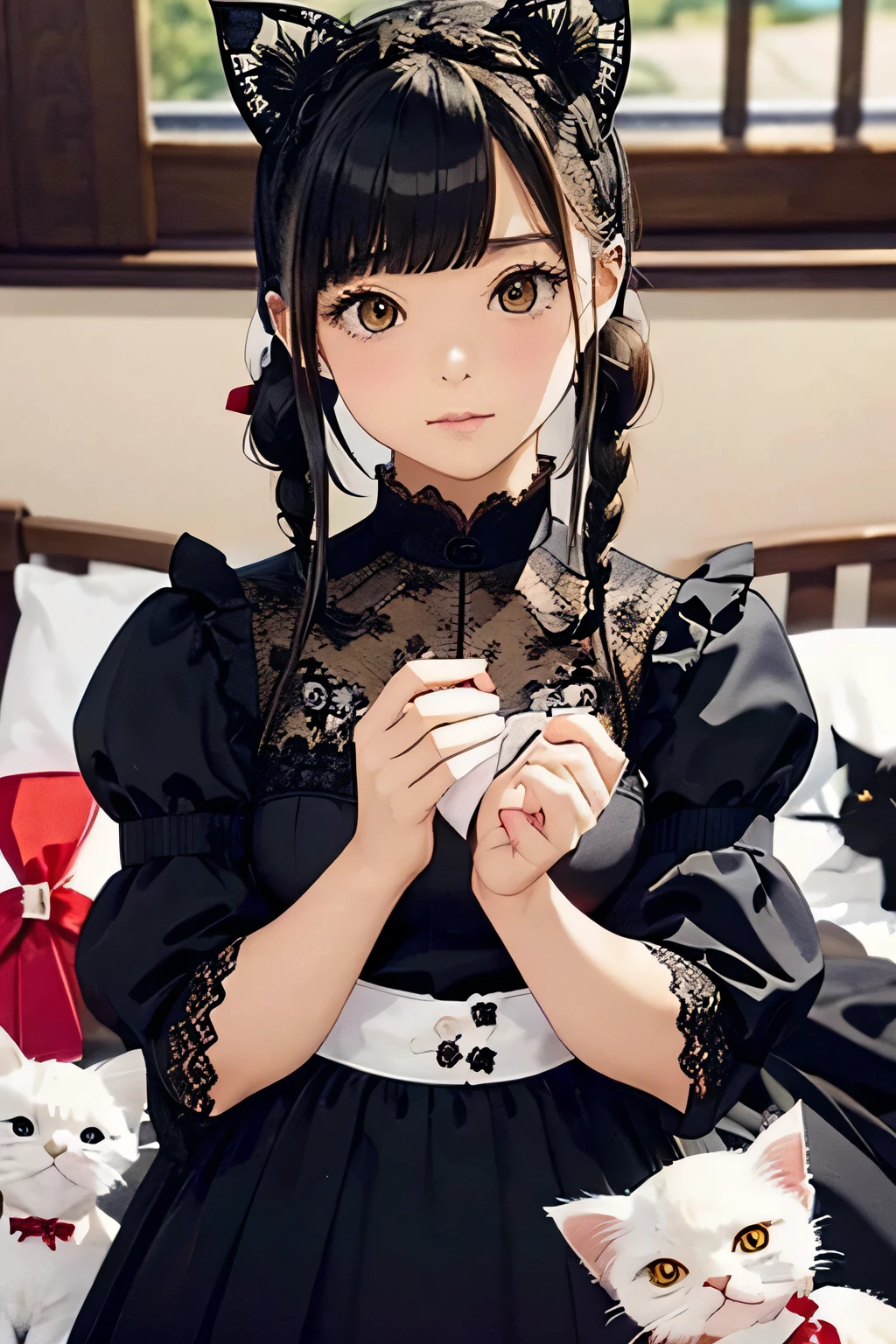 Highest quality、High resolution、Detailed Background、(Beautiful face in every detail:1.4)、Anatomically correct、(Detailed eyes:1.2)、Teenage Girl、Highly detailed face、cute hair color、Braided bob cut、Braided Ponytail、Braided twin tails、(Huge breasts:1.2)、Perfect body line、Accentuate your breasts、Accentuate your cleavage、Cute gestures、Cat ear、Cat Eyes、(cute cat paw pose:1.2)、kitten、
Dresses and skirts with frills and lace、Dark colors such as black and red、Add lace to the sleeves, hem of the skirt, neckline, etc.、Lace gloves and ribbons、Crown-shaped headdress、Cross Accessories、Black lace socks or fishnet tights、
Choose boots with lace or ribbon decorations or thick soles.、(A girl with cat ears and a kitten looking at me with big smiles:1.5)、cute