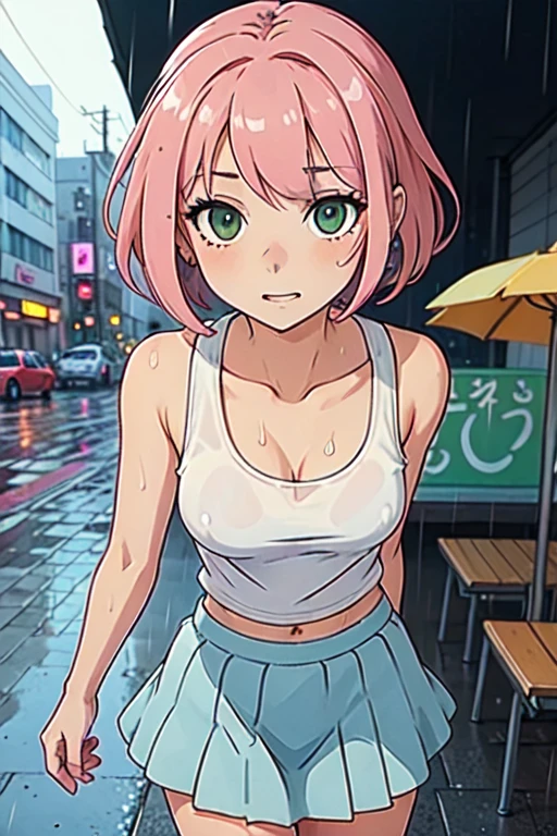 creates a 21-year-old anime girl in the rain with a wet white tank top with a short blue skirt pink hair and green eyes in an anime cityscape