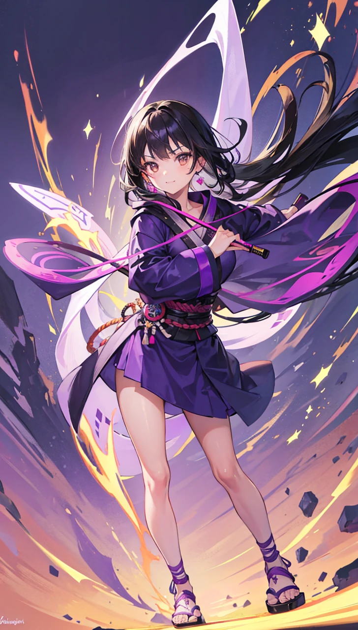 Young girl with black hair, brown eyes and olive skin, innocent and happy, wearing neon purple samurai robe, armlets and sandals, weilding katana, fullbody, medieval background, athletic