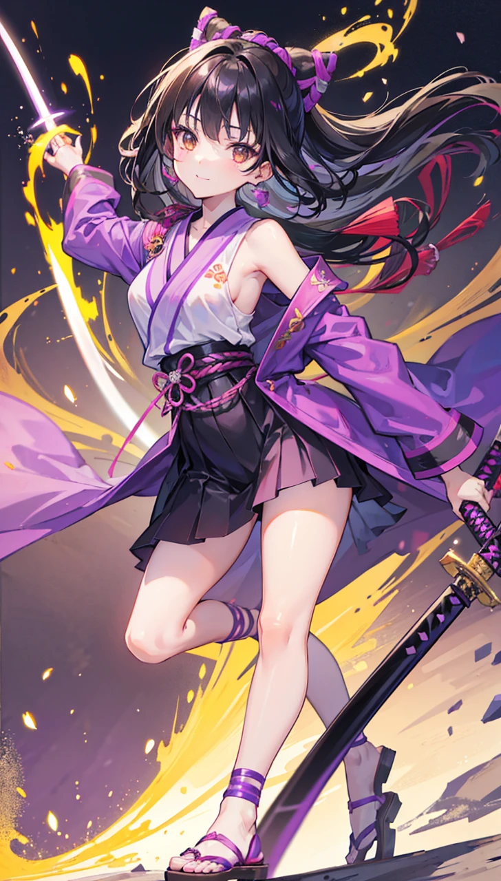 Young girl with black hair, brown eyes and olive skin, innocent and happy, wearing neon purple samurai robe, armlets and sandals, weilding katana, fullbody, medieval background, athletic