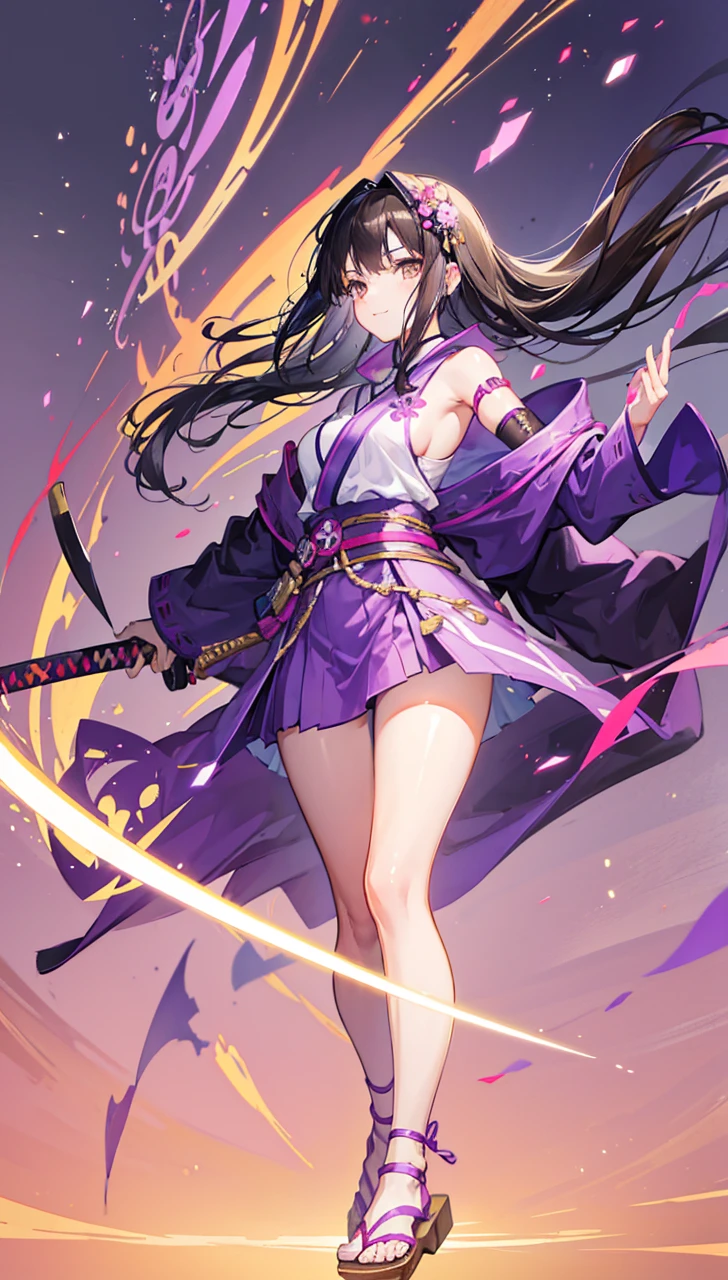 Young girl with black hair, brown eyes and olive skin, innocent and happy, wearing neon purple samurai robe, armlets and sandals, weilding katana, fullbody, medieval background, athletic