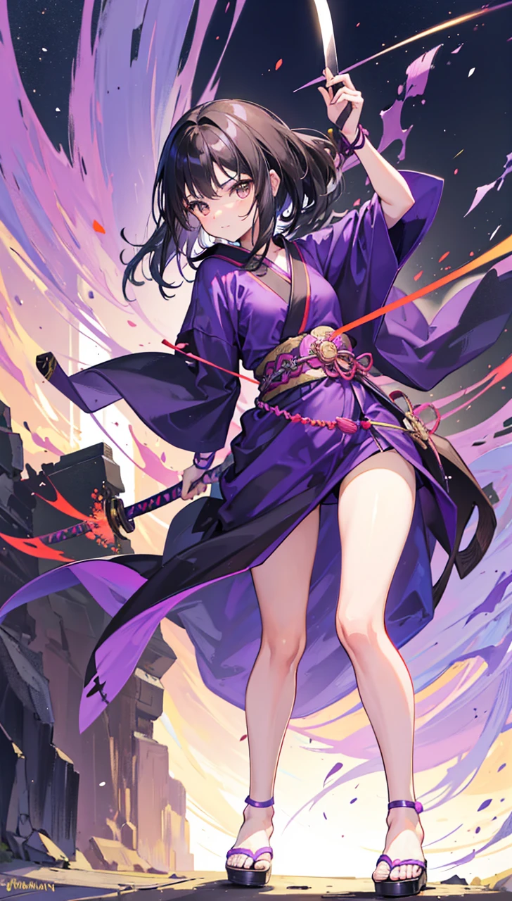Young girl with black hair, brown eyes and olive skin, innocent and happy, wearing neon purple samurai robe, armlets and sandals, weilding katana, fullbody, medieval background, athletic