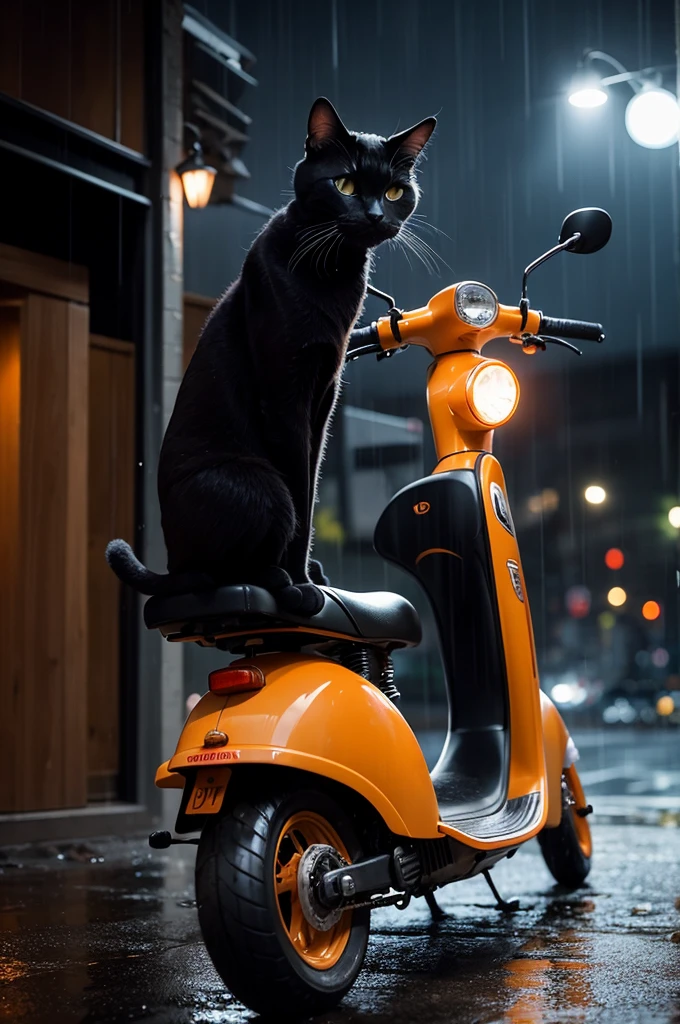 Old orange scooter on a rainy night and a black cat with white chest and paws