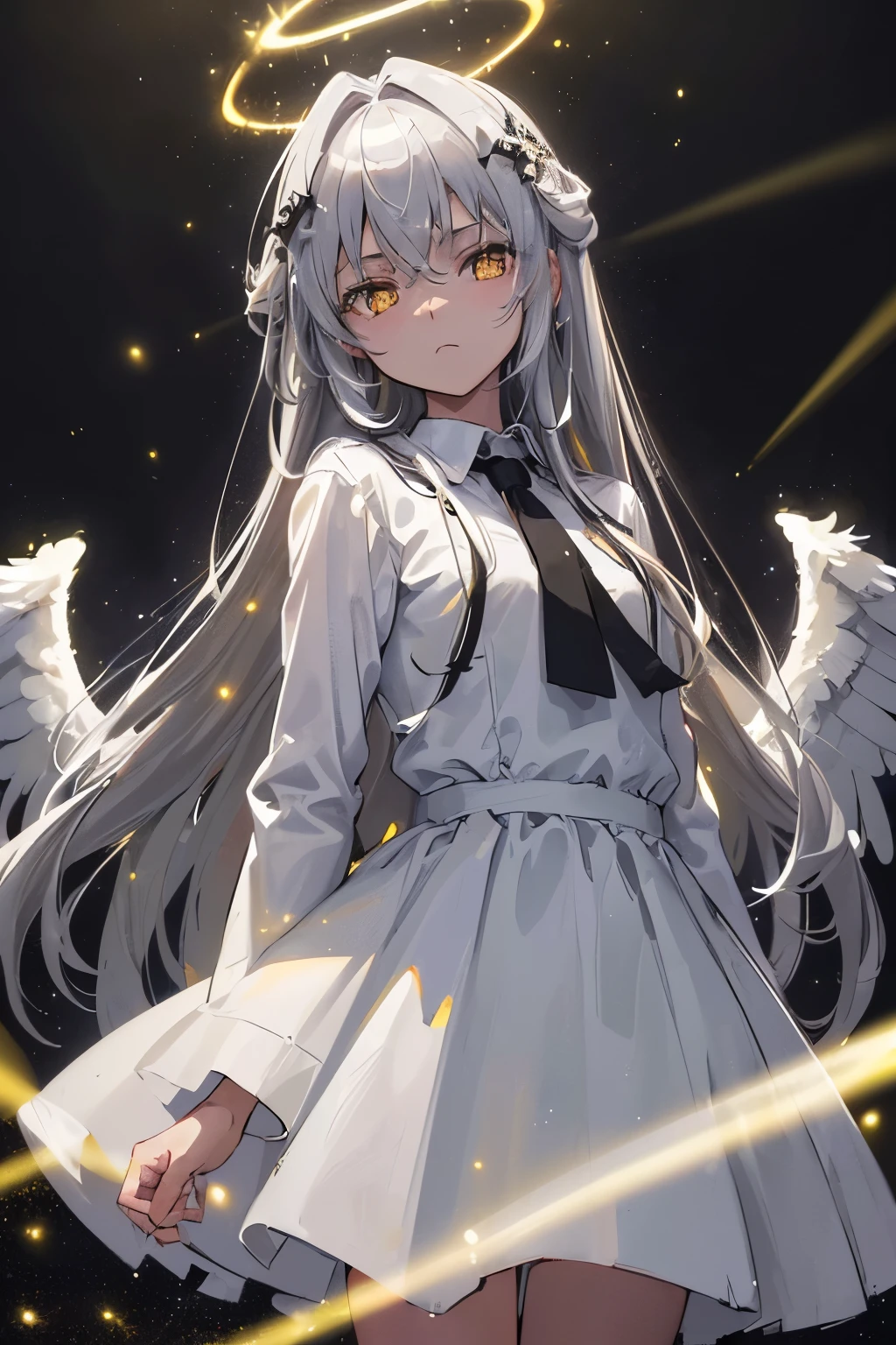 (masterpiece, Highest quality:1.3), (Super detailed:1.3), One girl, alone, (Gray Hair, Messy Hair, Long Hair), (Angel Wings, Angel Halo), Flat Chest, Yellow Eyes, (White shirt, Black tie, Black coat, Open Court), Cowboy Shot, Cinema Lighting, (((Glowing light particles))), (Put your arms behind your back), Dynamic Angle,