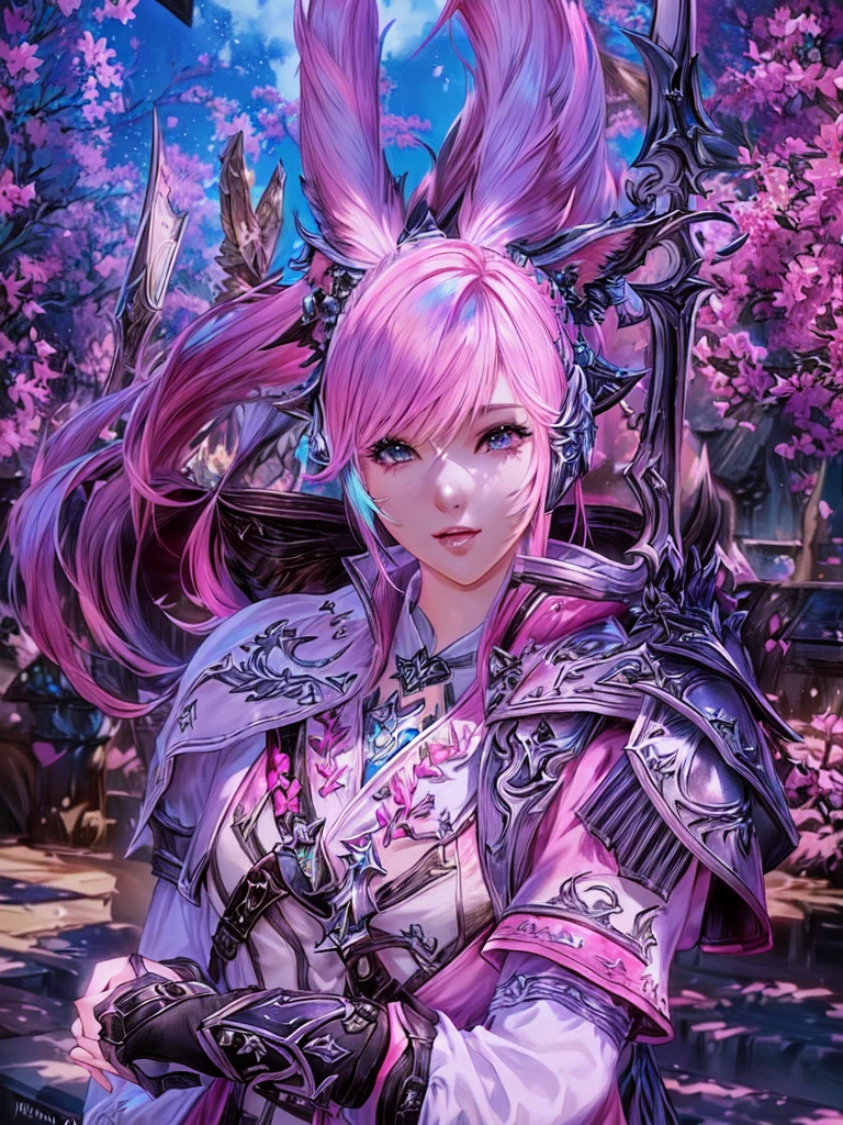 Closeup of a costumed person with pink hair, final fantasy style 14, Final Fantasy 1 4, Final Fantasy 1 4 screenshot, ffxiv cielo, Final Fantasy XIV, ffxiv, final fantasy 14 sharp, thinning pink hair, Pink hair and cyan eyes., character close up, character closeup, female character