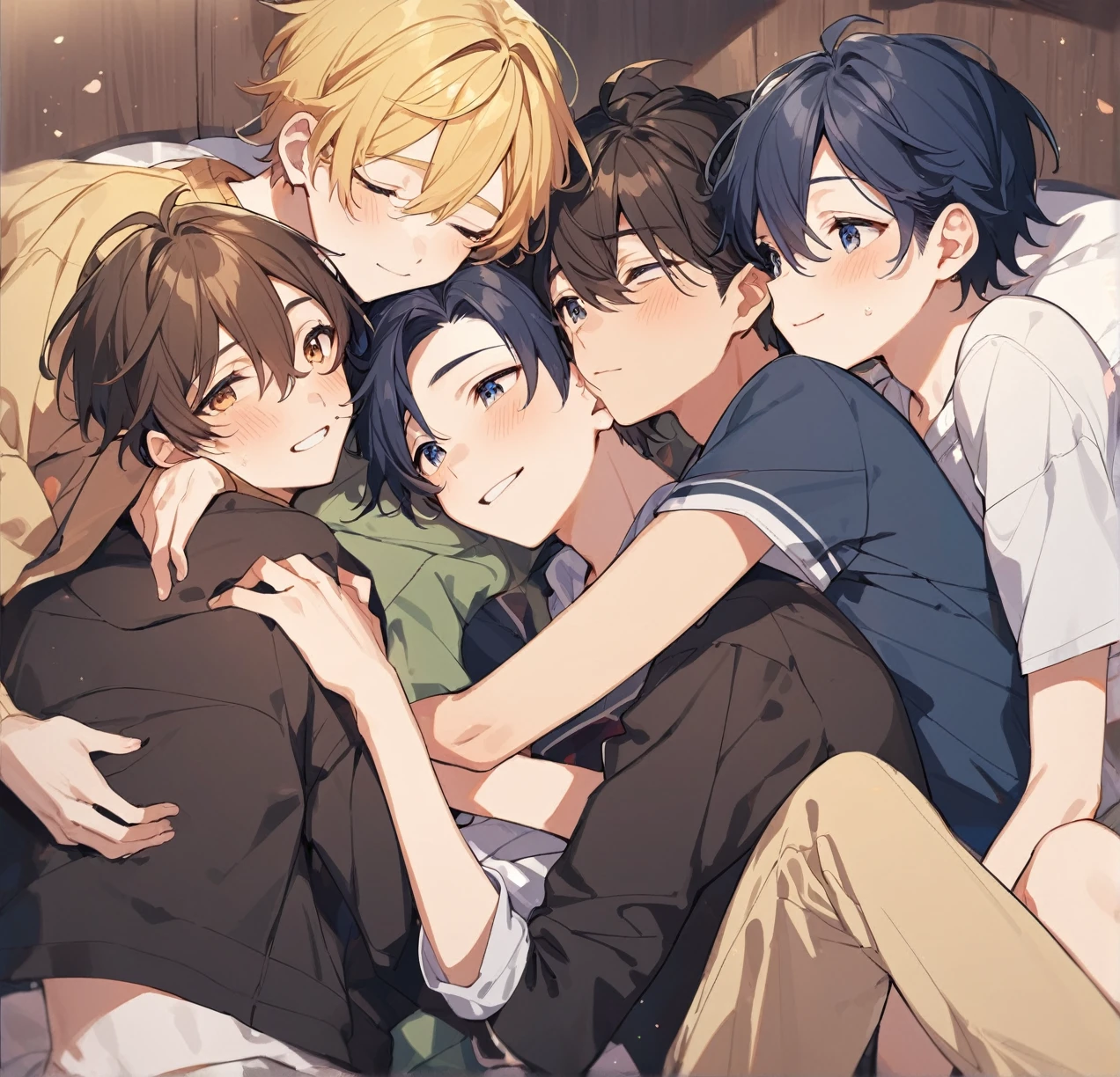 3 different cute male teenagers cuddling together