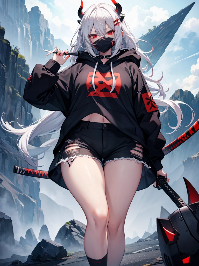 Girl , tall,long white hair , red eyes ,Big , thunder thighs, big ass, black shorts ,black demon hoodie , dark Oni face mask, swinging katana  , mountain  backround , looking to viewer 