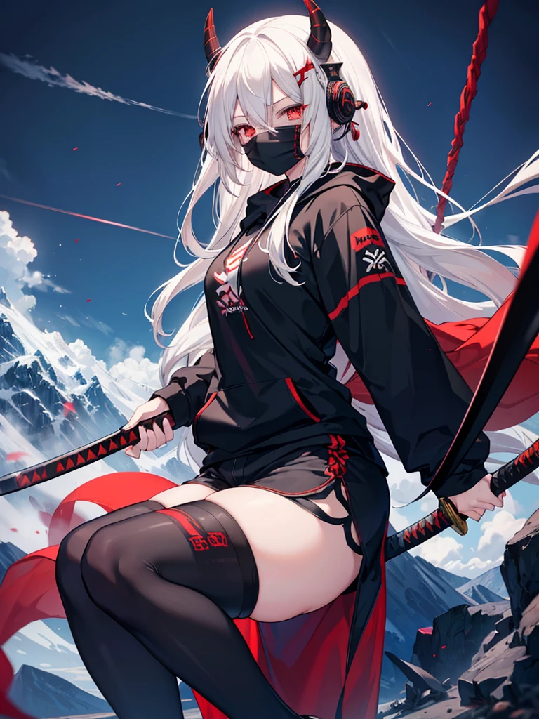 Girl , tall,long white hair , red eyes ,Big , thunder thighs, big ass, black shorts ,black demon hoodie , dark Oni face mask, swinging katana , mountain backround , looking to viewer