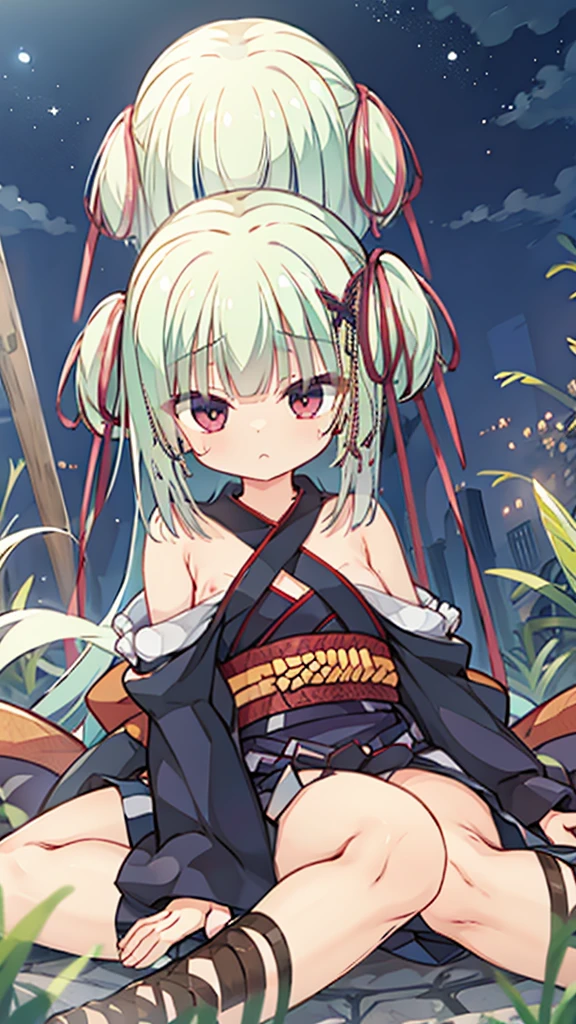 Night Sky、nsfw、crotch grab、ruins、Sitting、Larger background、yukata、no panties、pussy、legs up、