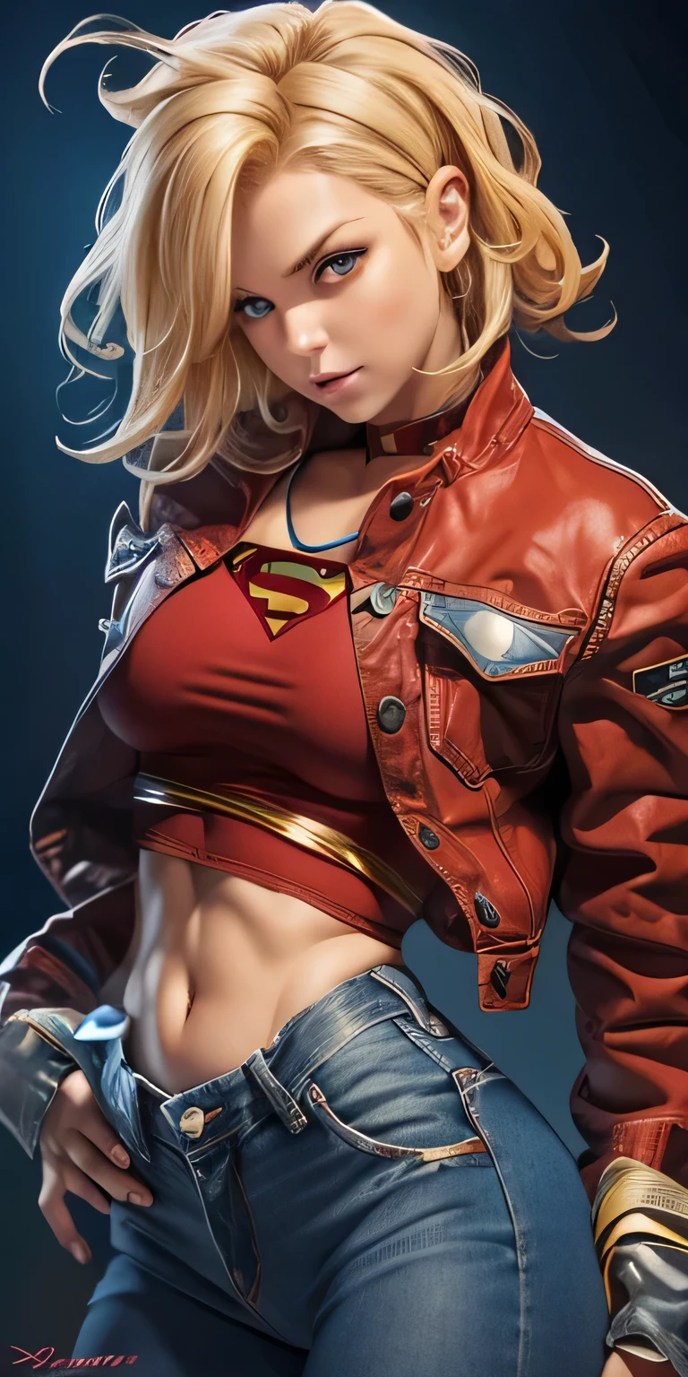 Supergirl, perfect denim costume, olhos azuis brilhantes, linda mulher, extremely blond hair, smooth curves, upturned buttock 