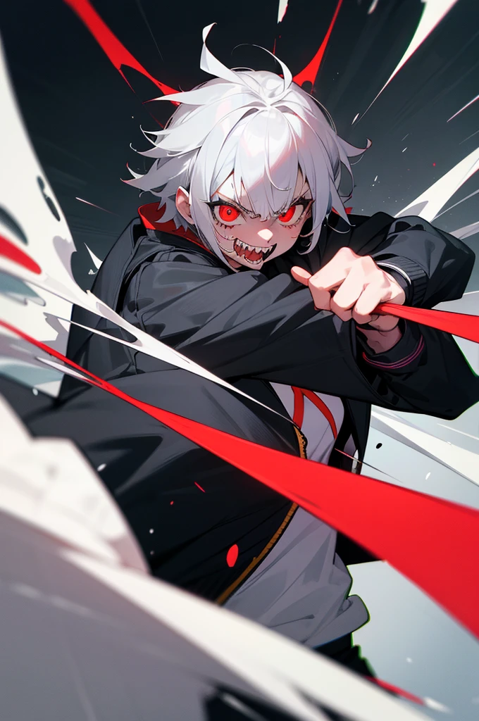 (1 girl), (angry girl), (big smile), (shonen protagonist), (black and white), (sport jacket), (fighting pose), Red eyes, short hair, facial scar, Sharp teeth, eyes with slanted pupils