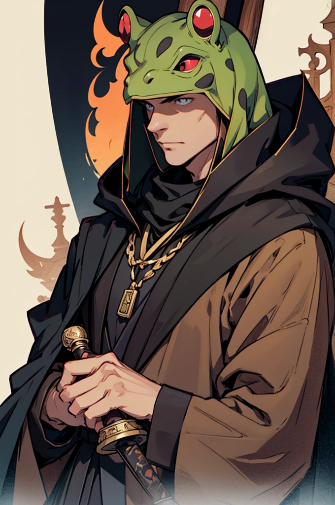 wooden frog mask, wearing a black cloak, male, holding a one-handed mace, wearing a suit under the cloak, muscular,