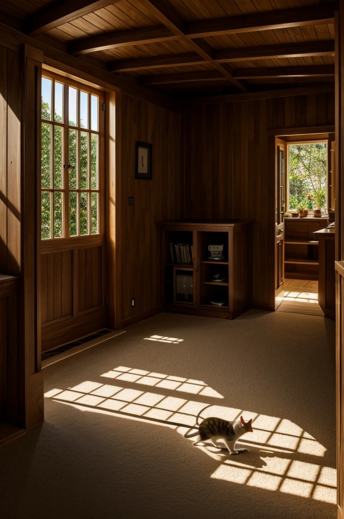 An interior of a house with many paths and a little mouse running away from a cat