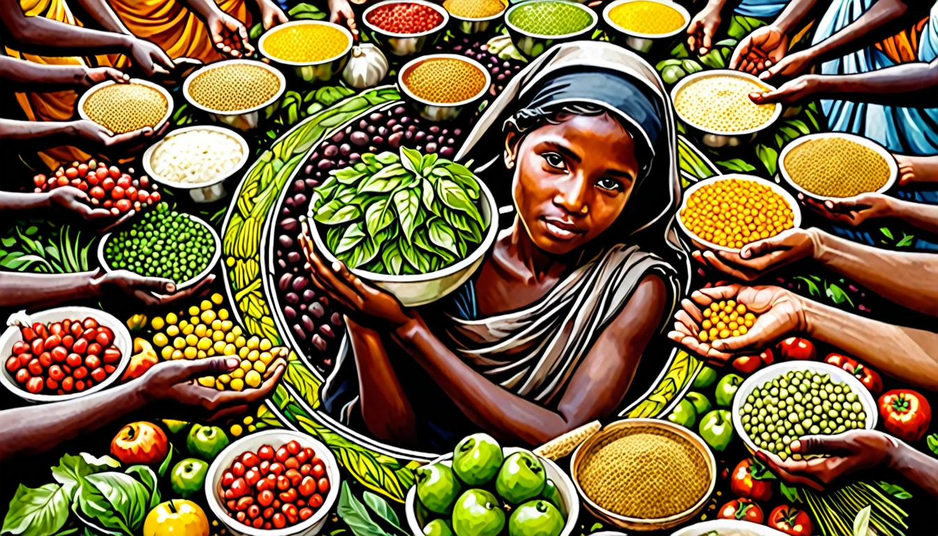 Create an image that embodies the fight against hunger and the journey towards global sustenance. Depict a world where abundance and scarcity coexist, highlighting the contrast between plenty and famine. Include symbolic visuals of unity, compassion, and resilience, with people coming together to offer support and nourishment. The image should evoke a sense of hope and action, portraying the transformation from hunger to a nourished and thriving world.