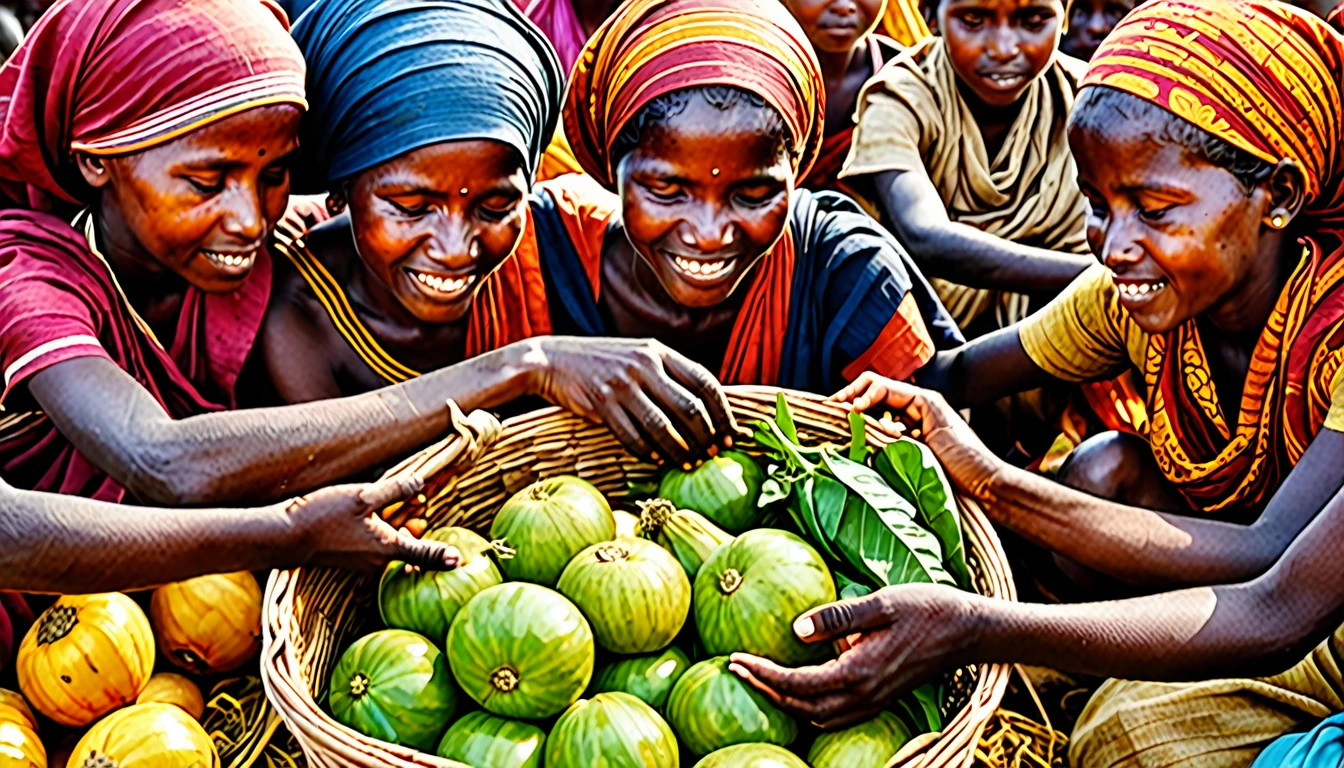 Create an image that embodies the fight against hunger and the journey towards global sustenance. Depict a world where abundance and scarcity coexist, highlighting the contrast between plenty and famine. Include symbolic visuals of unity, compassion, and resilience, with people coming together to offer support and nourishment. The image should evoke a sense of hope and action, portraying the transformation from hunger to a nourished and thriving world.