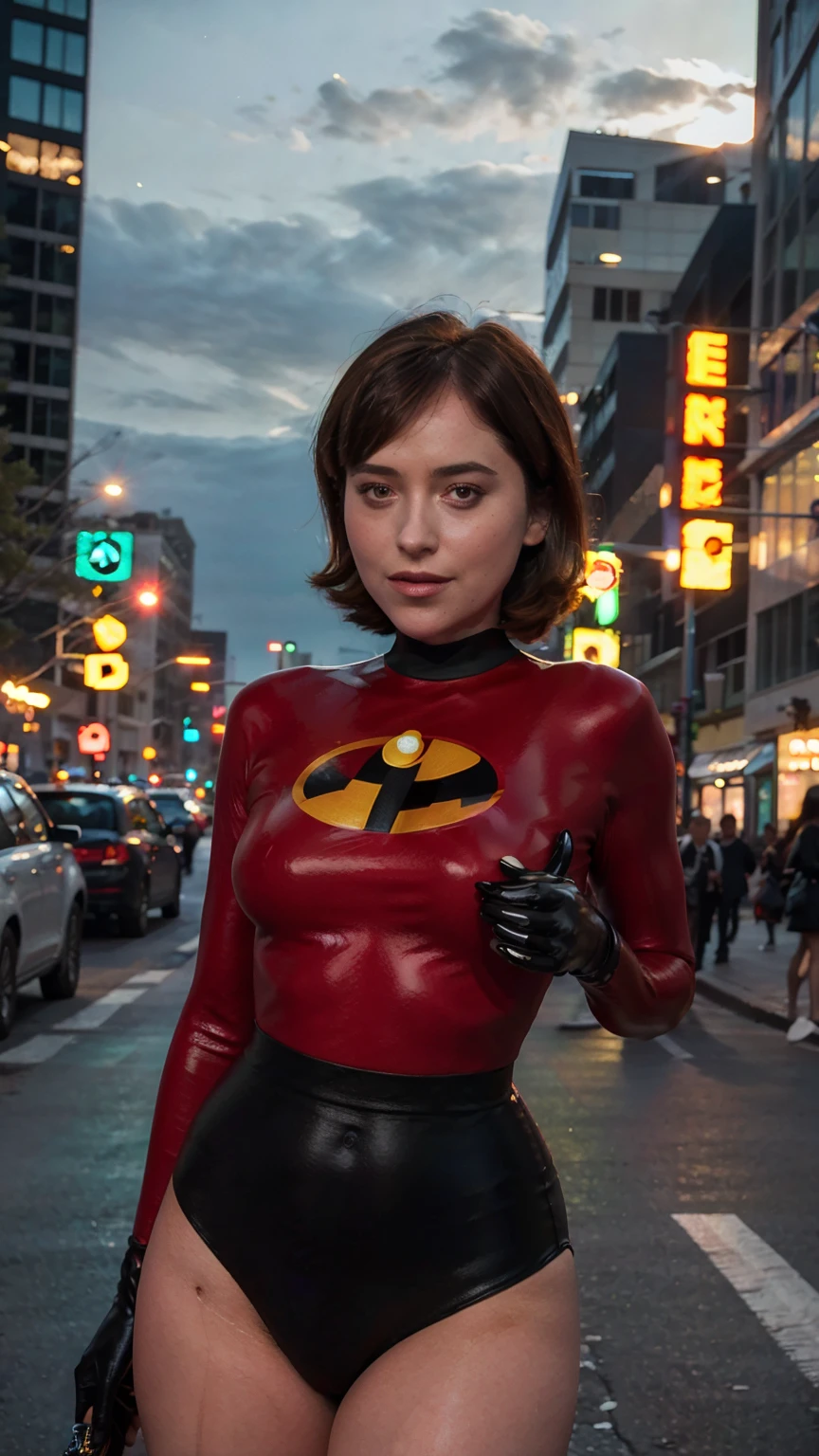 Masterpiece, (photorealistic1.4),Best quality, (solo), (1girl on night street)), (epiCRealLife), (lora:epiCFlashPhoto), (photorealistic1.4), (night scene), (night sky), (Helen Parr latex costume), (dakojohnold ), (dakojohnold),  black elbow gloves), (black thighhigh), (Helen Parr bodysuit), (helen parr thighhigh) (helen parr short hair), (Helen Parr hairstyle), (outside patio), (1girl), (look at viewer), (demure), (close up), (spot light), (flashphoto, flash photography), (night time), (at night), (f/2.8), (cowboy shots), (upper body shot), (from front), (new york night street), (neon signs), (close up on body), (pose for pictures), 