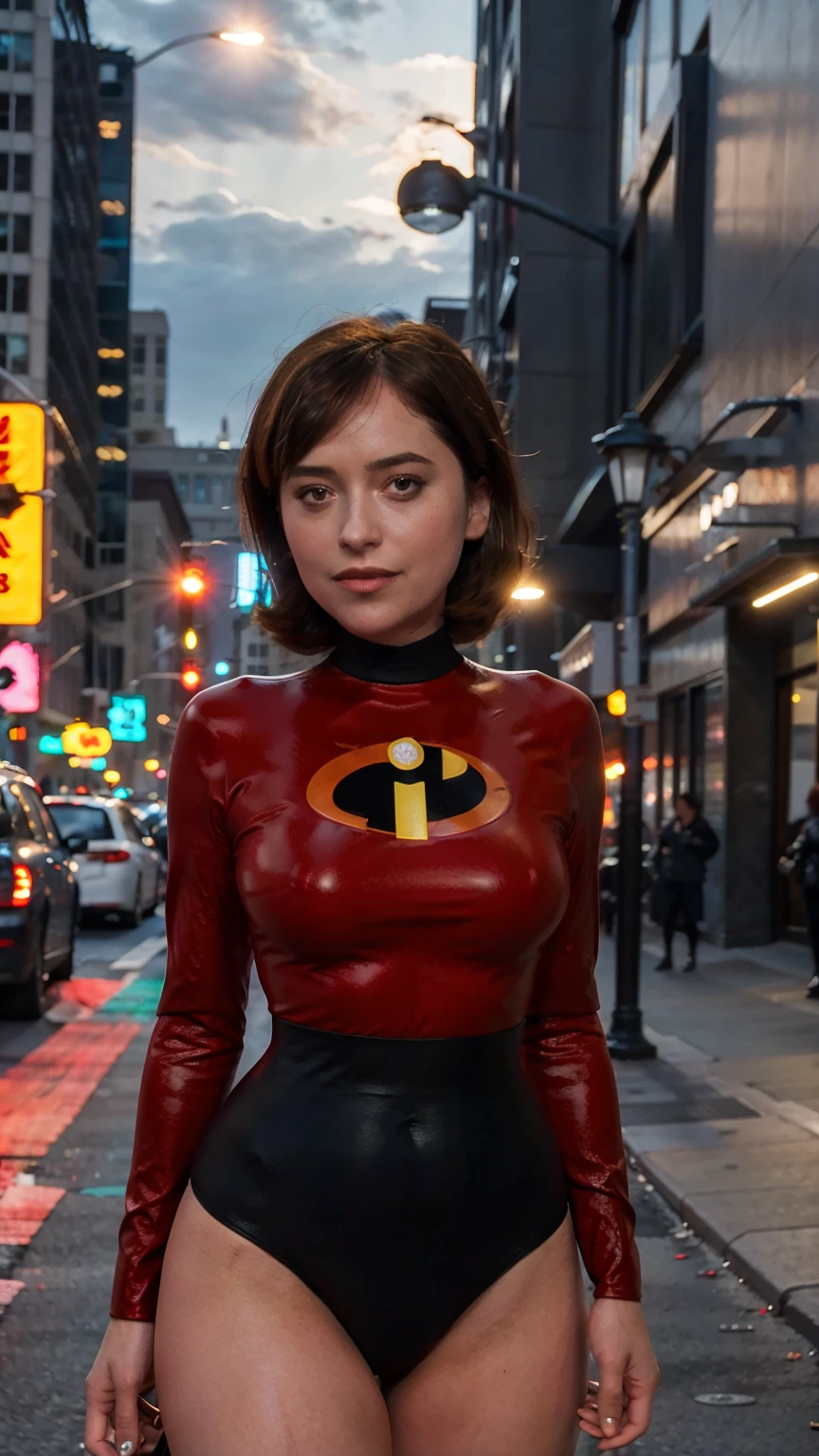 Masterpiece, (photorealistic1.4),Best quality, (solo), (1girl on night street)), (epiCRealLife), (lora:epiCFlashPhoto), (photorealistic1.4), (night scene), (night sky), (Helen Parr latex costume), (dakojohnold ), (dakojohnold),  black elbow gloves), (black thighhigh), (Helen Parr bodysuit), (helen parr thighhigh) (helen parr short hair), (Helen Parr hairstyle), (outside patio), (1girl), (look at viewer), (demure), (close up), (spot light), (flashphoto, flash photography), (night time), (at night), (f/2.8), (cowboy shots), (upper body shot), (from front), (new york night street), (neon signs), (from front), (pose for pictures), 