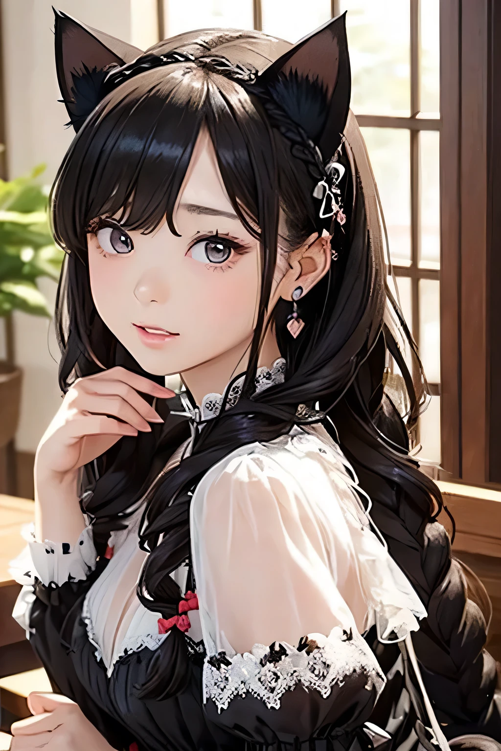 Highest quality、High resolution、Detailed Background、(Beautiful face in every detail:1.4)、Anatomically correct、(Detailed eyes:1.2)、 Girl、Highly detailed face、cute hair color、Braided bob cut、Braided Ponytail、Braided twin tails、(Huge breasts:1.2)、Perfect body line、Accentuate your breasts、Accentuate your cleavage、Cute gestures、Cat ear、Cat Eyes、(cute cat paw pose:1.2)、kitten、
Dresses and skirts with frills and lace、Dark colors such as black and red、Add lace to the sleeves, hem of the skirt, neckline, etc.、Lace gloves and ribbons、Crown-shaped headdress、Cross Accessories、Black lace socks or fishnet tights、
Choose boots with lace or ribbon decorations or thick soles.、(A girl with cat ears and a kitten looking at me with big smiles:1.5)、cute