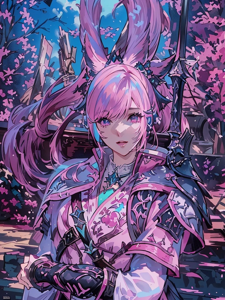 Closeup of a costumed person with pink hair, final fantasy style 14, Final Fantasy 1 4, Final Fantasy 1 4 screenshot, ffxiv cielo, Final Fantasy XIV, ffxiv, final fantasy 14 sharp, thinning pink hair, Pink hair and cyan eyes., character close up, character closeup, female character