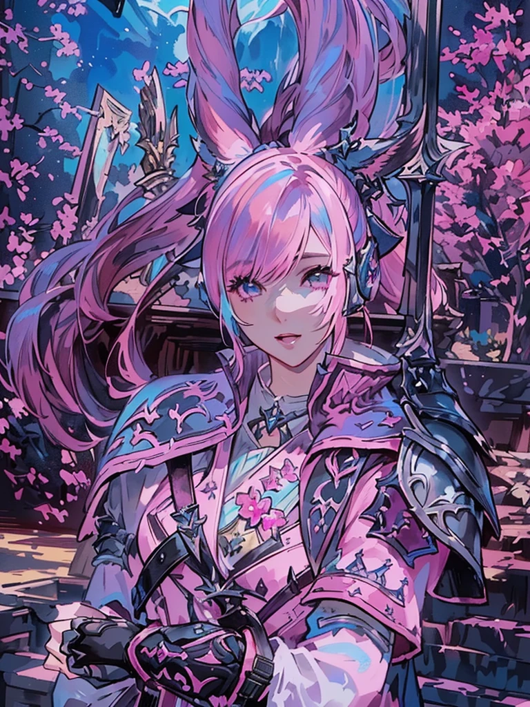 Closeup of a costumed person with pink hair, final fantasy style 14, Final Fantasy 1 4, Final Fantasy 1 4 screenshot, ffxiv cielo, Final Fantasy XIV, ffxiv, final fantasy 14 sharp, thinning pink hair, Pink hair and cyan eyes., character close up, character closeup, female character