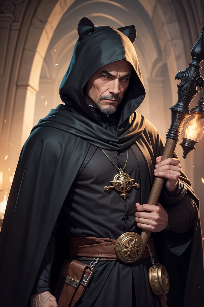 wooden frog mask, wearing a black cloak, male, holding a one-handed mace, wearing a suit under the cloak, muscular,