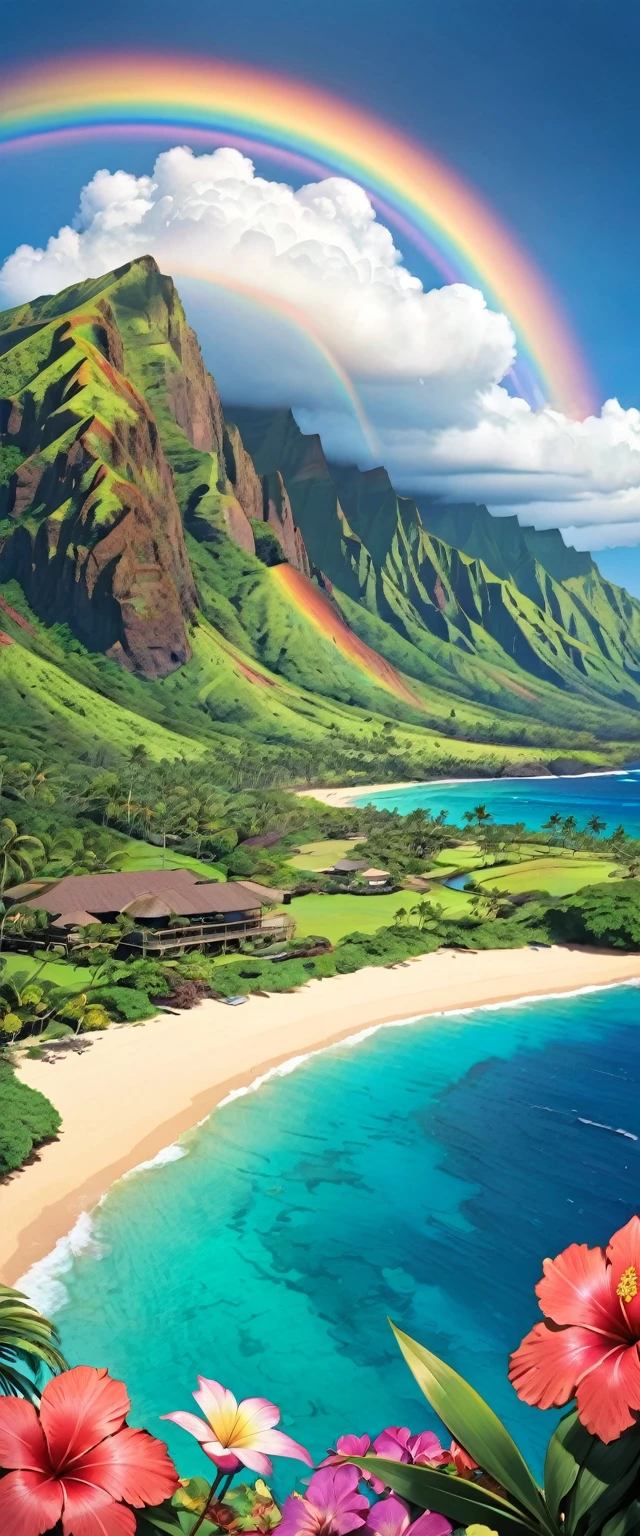 Hawaiian landscape with a rainbow