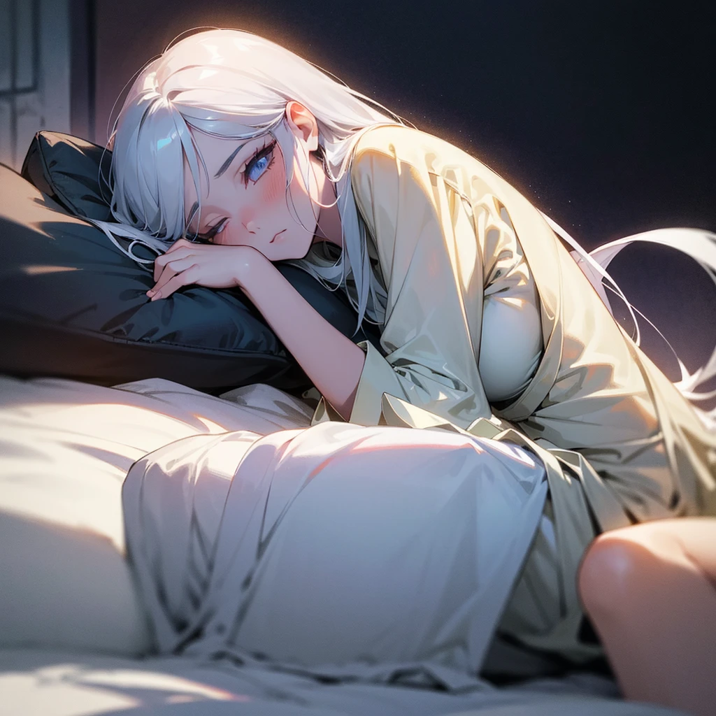 your character, belonging to the Boku no Hero universe, is lying on a soft surface, probably a bed or a sofa, with a posture that denotes tranquility and a pinch of melancholy. His body is slightly tilted to his left side, allowing her long silver hair to spread in soft waves around her head. Soft, violet lighting bathes the scene, highlighting the pale tone of her skin and creating an ethereal contrast with her silver hair.His eyes are half closed, with a distant, thoughtful look that suggests she is deep in thought. Her long eyelashes cast delicate shadows on her cheeks.. She rests her head on her left arm., which is bent at a comfortable angle under your head, serving as a kind of makeshift pillow. His left hand is relaxed, fingers slightly curved.Your character's right hand is extended forward, resting gently on the surface it is on. His fingers are slightly apart, as if she was delicately touching something invisible in front of her. Violet light creates a soft glow around your figure, highlighting the details of her serene face and the locks of her hair.His facial expression is serene, with a slight sadness that adds depth to its ethereal beauty. The violet highlights in her hair and skin give her an almost supernatural air., as if it belonged to a world between reality and fantasy. The stillness of the scene conveys a feeling of peace and reflection, inviting the viewer to immerse themselves in the thoughts and emotions of your character.