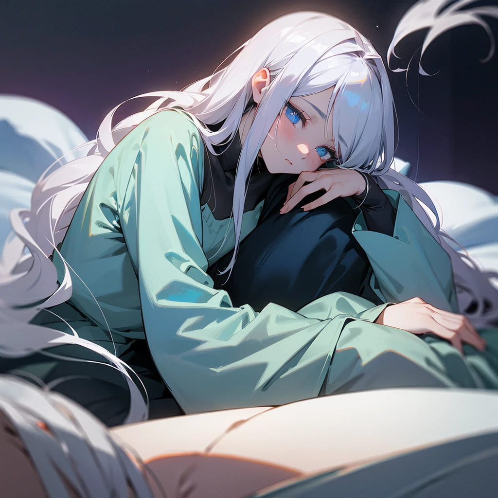 your character, belonging to the Boku no Hero universe, is lying on a soft surface, probably a bed or a sofa, with a posture that denotes tranquility and a pinch of melancholy. His body is slightly tilted to his left side, allowing her long silver hair to spread in soft waves around her head. Soft, violet lighting bathes the scene, highlighting the pale tone of her skin and creating an ethereal contrast with her silver hair.His eyes are half closed, with a distant, thoughtful look that suggests she is deep in thought. Her long eyelashes cast delicate shadows on her cheeks.. She rests her head on her left arm., which is bent at a comfortable angle under your head, serving as a kind of makeshift pillow. His left hand is relaxed, fingers slightly curved.Your character&#39;s right hand is extended forward, resting gently on the surface it is on. His fingers are slightly apart, as if she was delicately touching something invisible in front of her. Violet light creates a soft glow around your figure, highlighting the details of her serene face and the locks of her hair.His facial expression is serene, with a slight sadness that adds depth to its ethereal beauty. The violet highlights in her hair and skin give her an almost supernatural air., as if it belonged to a world between reality and fantasy. The stillness of the scene conveys a feeling of peace and reflection, inviting the viewer to immerse themselves in the thoughts and emotions of your character.