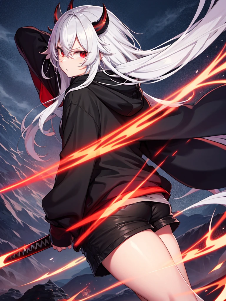 Girl , tall,long white hair , red eyes ,Big , thunder thighs, big ass, black shorts ,black demon hoodie , dark Oni face mask, swinging katana  , mountain  backround , looking to viewer 