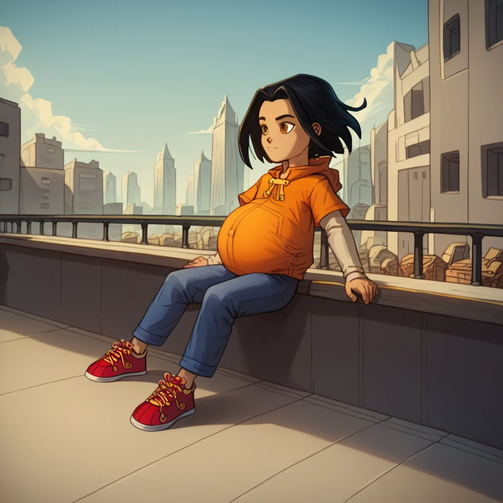 score_9, score_8_up, score_7_up, semirealistic girl sitting on bridge, , jadechan, short black hair, solo, brown eyes, wind, 1girl, orange hoodie, long white sleeves, blue pants, sneakers, city in the background, clear sky, hyper-pregnant, short stature, elementary school student 