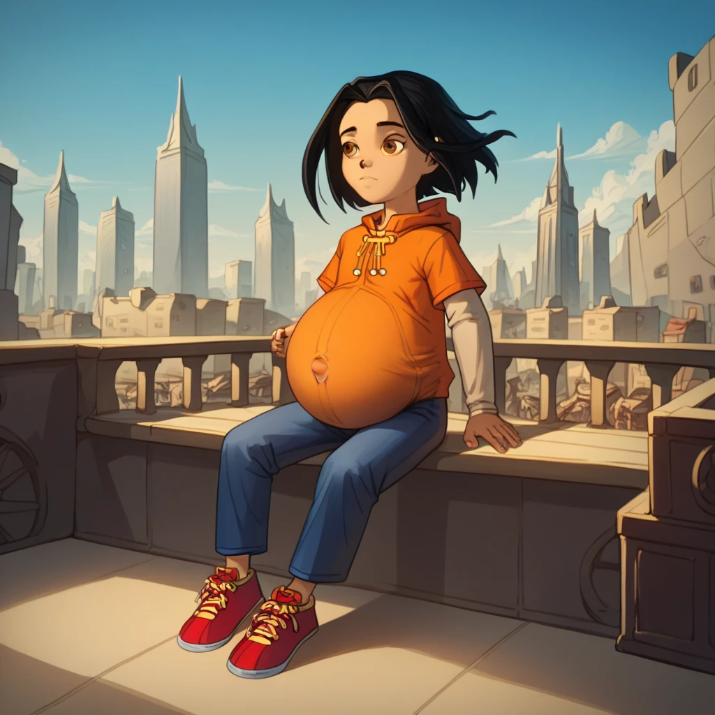 score_9, score_8_up, score_7_up, semirealistic girl sitting on bridge, , jadechan, short black hair, solo, brown eyes, wind, 1girl, orange hoodie, long white sleeves, blue pants, sneakers, city in the background, clear sky, hyper-pregnant, short stature, elementary school student 